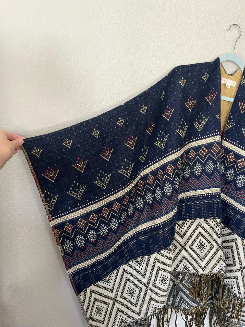 Lovestitch Navy Blue & White Aztec Knit Fringe Poncho Scarf Women's O/S